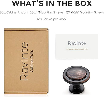 Ravinte 20 Pack 1-1/4 Inch Kitchen Cabinet Knobs Oil-Rubbed Bronze Zinc Pulls Door Handles for Dresser Drawers