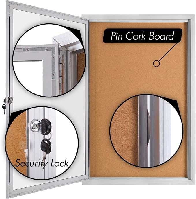INNOVART Enclosed Bulletin Board 36”x24”, Lockable Cork Noticeboard with Aluminum Frame, Outdoor Enclosed Bulletin Board Weatherproof, Wall Display Case with Swing-Open Door Information Cabinet