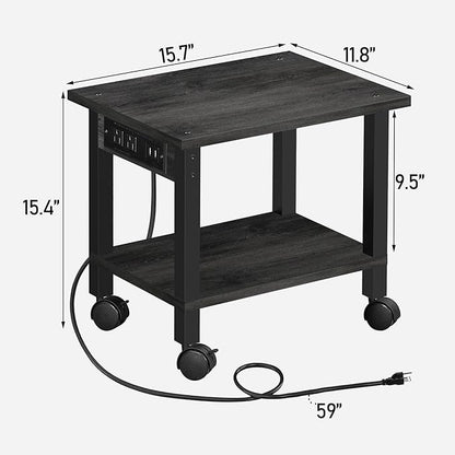 TUTOTAK 2 Tier Printer Stand, Rolling Printer Cart with Power Outlets and USB Ports, Mobile Printer Table with Wheels, for Under Desk, Office, Home, Charcoal Grey PS01BY001
