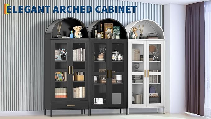 PioneerWorks 73" Arched Metal Storage Cabinet with Glass Door | 2 Adjustable Shelves | Arch-Top Storage Unit for Pantry, Living & Dining Rooms - Dark Black with Legs