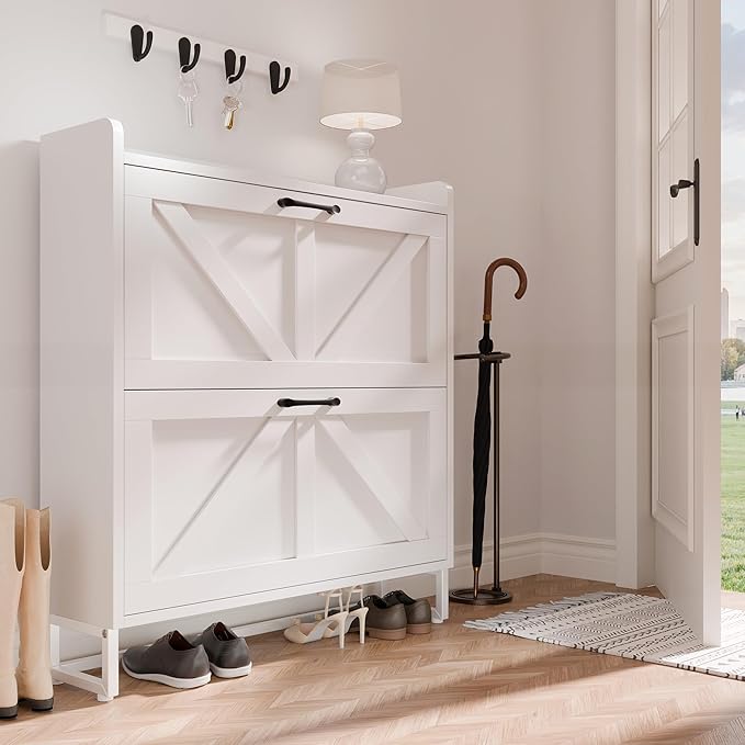 Betterhood Entryway Shoe Cabinet with 2 Flip Drawers, Slim Shoe Rack Cabinet, Freestanding Hidden Shoe Organizer Cabinet with Metal Legs, Shoe Cabniet for Entryway with Storage, Hallway, Foyer, White