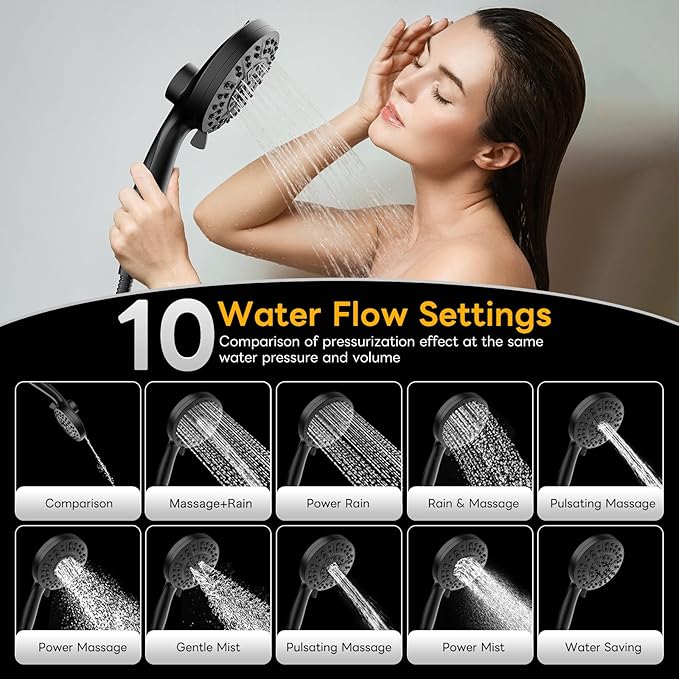 High Pressure 10 Ways Handheld Shower Head Matte Black- Anti-clog Nozzles, Built-in Power Wash to Clean Tub, Wall & Overhead Brackets,Magnetitc Rainfall Shower Wand,Built-in 2 Power Jet