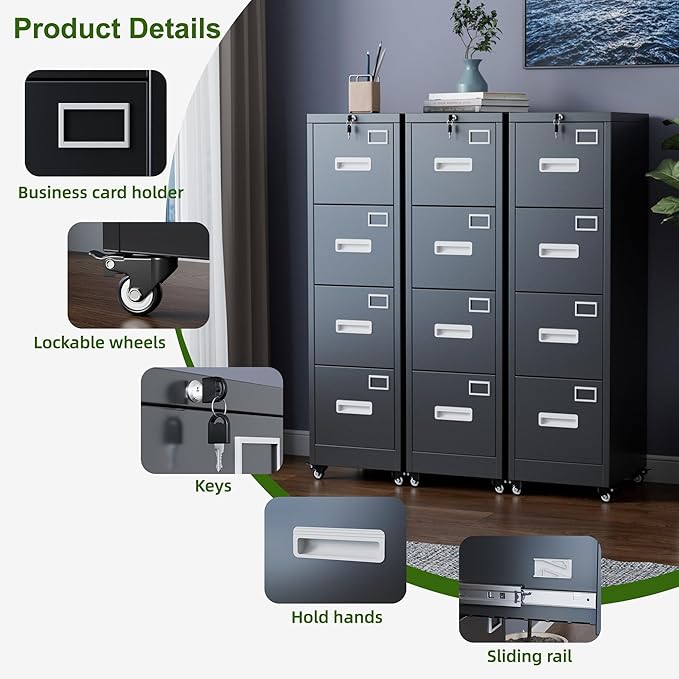 Aobabo 4 Drawer File Cabinet with Lock and Wheels, Metal Vertical Filing Cabinet with Anti-Tilt Interlock System for Home Office, Fits Letter/Legal Size, Black,Required Assembly