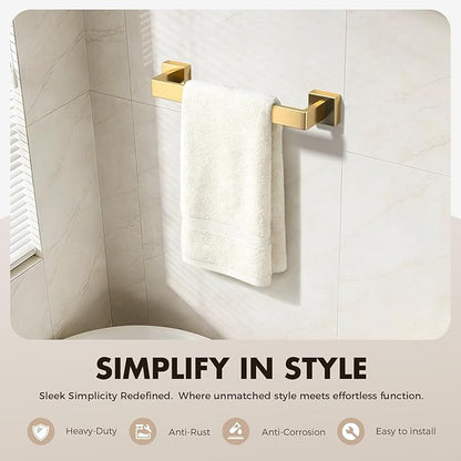Bathroom Accessory Towel Bar Set: 10 Pieces Gold Bathroom Hardware Square SUS304 Stainless Steel - Wall Mounted Towel Rack&Toilet Paper Holder&Towel Ring and Towel Hook