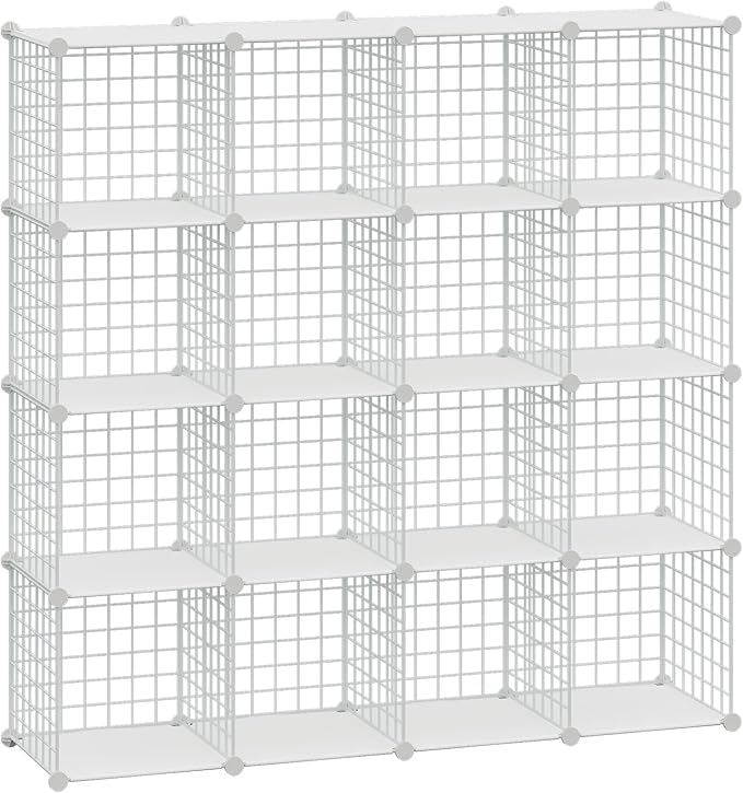 HUBSON Wire Cube Storage Organizer, Book/Toy/Craft/Potted Plants and Pet Closet Organizers, 16-Cube Freely Combinable Metal Grid Storage Shelves, White Plus Iron