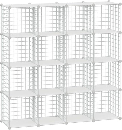 HUBSON Wire Cube Storage Organizer, Book/Toy/Craft/Potted Plants and Pet Closet Organizers, 16-Cube Freely Combinable Metal Grid Storage Shelves, White Plus Iron