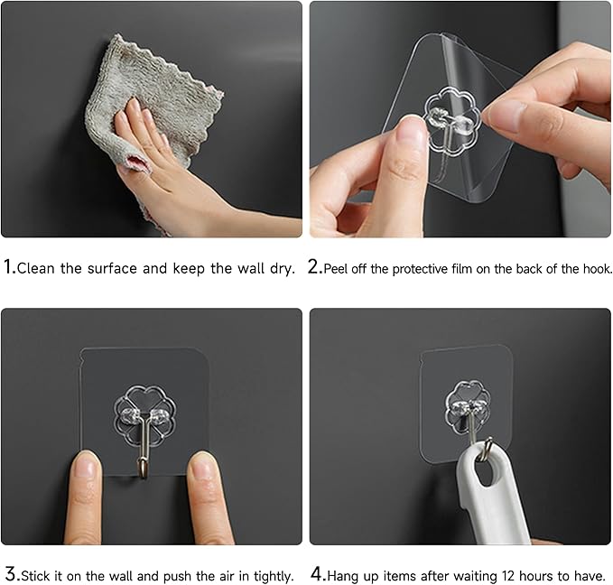 50 Pack Sticky Hooks for Hanging Heavy Duty, Wall Hook Adhesive, Transparent self Adhesive Hooks for Wall, Kitchen, Bathroom & Ceiling