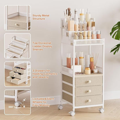 Makeup Cart Organizer with Drawers, Floor Rolling Skincare Vanity Storage Mobile Cosmetic Display Case Stand for Makeup Brushes, Nail Polish, Perfume Organizer for Women Matte White