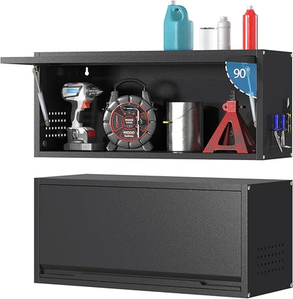 Metal Garage Wall Cabinet,Float Tool Cabinets with Up-Flip Door,Wall Mounted Metal Steel Cabinet for Garage/Home Office/RV/Ware House（Black/13.8" H）