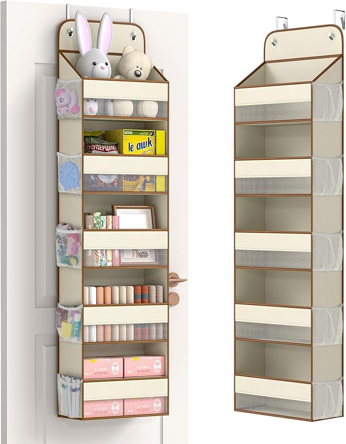 LAMU 5-Tier Over The Door Organizer Hanging, Swing - Proof Closet Behind Door Storage for Baby Clothes, Back of Door Organizers for Bedroom, Nursery and Bathroom, Beige, 1 Pack