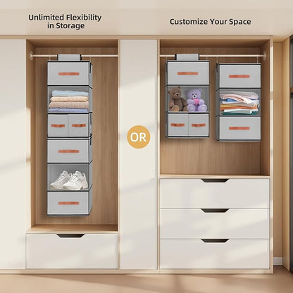 Hanging Closet Organizer 6-Shelf, Upgrade Hanging Shelves for Closet with 5 Removable Drawers & Side Pockets, Hanging Shelf Organizer for Bedroom or Garment Rack, 12.6'' x 12.6'' x 44.1'', Gray