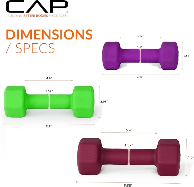 CAP Barbell 100 LB Set of Neoprene Dumbbells with Rack Color Series | 5, 8, 10, 12 and 15 LB pairs