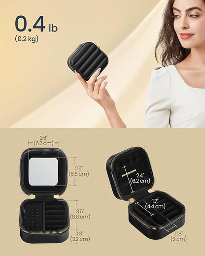 SONGMICS HOME Travel Jewelry Case, Small Jewelry Box Organizer with Mirror, 4.1 x 4.1 x 2.4 Inches, Stitching, Portable, Gift Idea, Ink Black UJBC179B01