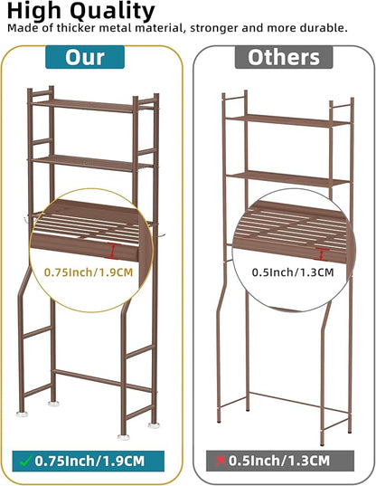 3-Tier Over The Toilet Storage, Freestanding Metal Bathroom Shelves with 4 Hooks, Over Toilet Storage Shelf with Paper Holder, Above The Toilet Shelf for Bathroom Storage, Bronze