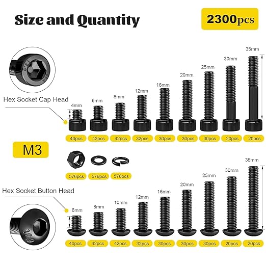 2300PCS M3 Screws with Nuts Assortment Kit, M3x4/6/8/12/16/20/25/30/35 mm Hex Socket Button & Cap Head Bolts Nut and Washers Set, 12.9 & 10.9 Grade Black Zinc Plated for DIY, 3D Printer