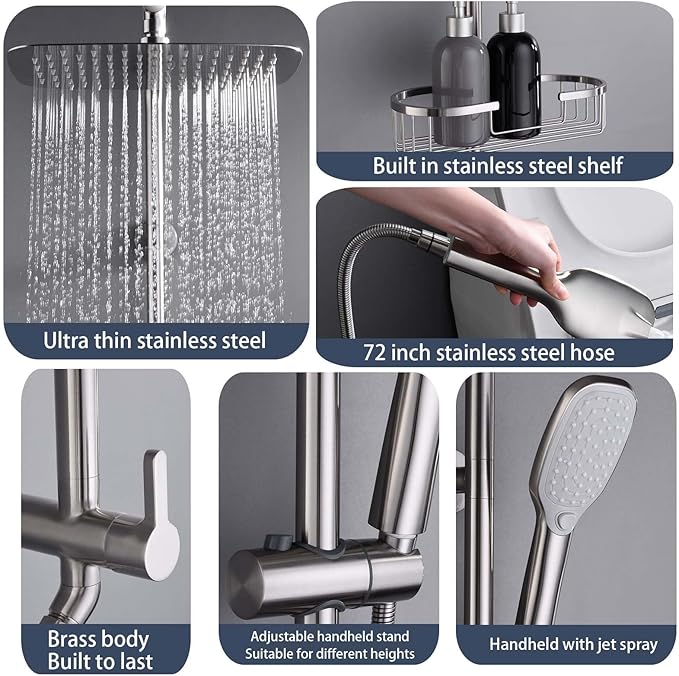 SonTiy Rain Shower Head with Handheld Spray and Shower Shelf, All Metal Shower System Kit with Hand Shower, Height Adjustable Holder and Brass Diverter for Whole Family, 1.8GPM,Brushed Nickel