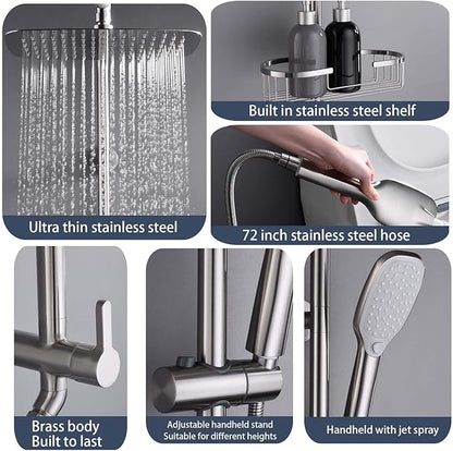 SonTiy Rain Shower Head with Handheld Spray and Shower Shelf, All Metal Shower System Kit with Hand Shower, Height Adjustable Holder and Brass Diverter for Whole Family, 1.8GPM,Brushed Nickel