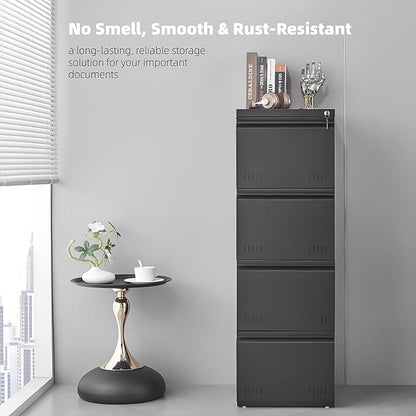 Vertical 4 Drawer File Cabient with Lock, Metal Filing Cabinets for Home Office, Heavty Duty Office Storage Cabinet for A4/Letter/Legal (Matte Black)