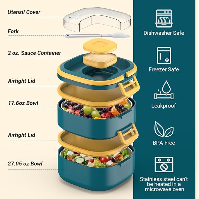 Stackable Stainless Steel Bento Box with Insulated bag,Leak-Proof,2-Tier Bento box,Lunchbox container With Portable Sauce Pod and Cutlery-for Kids/Adult,Dishwasher/MicrowaveSafe,Blue