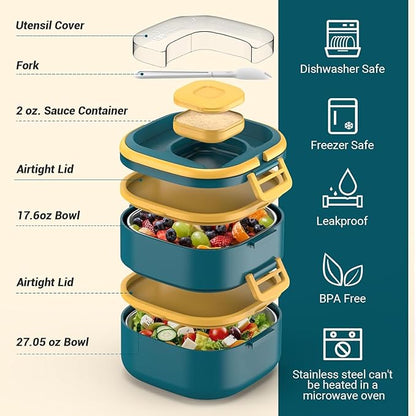 Stackable Stainless Steel Bento Box with Insulated bag,Leak-Proof,2-Tier Bento box,Lunchbox container With Portable Sauce Pod and Cutlery-for Kids/Adult,Dishwasher/MicrowaveSafe,Blue