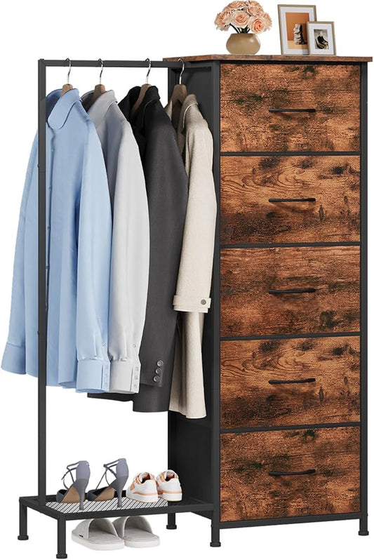 Somdot Dresser with Hanging Rack, 5 Drawers Small Closet for Bedroom, Reversible Dresser with Clothes Rack, Kids Dressers for Bedroom Chest of Drawers, Tall Storage Tower, Wood Grain Print