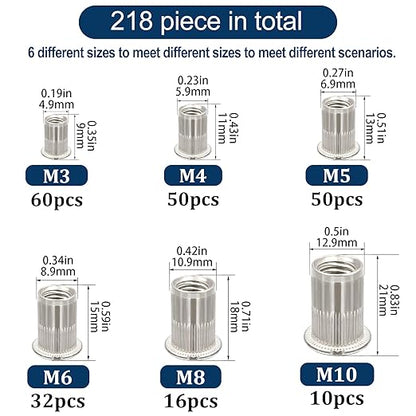 Metric 304 Stainless Steel Rivet Nut Assortment Kit(218 Pcs),M3 M4 M5 M6 M8 M10 Flat Head Rivnut Set,Rivnut Threaded Insert Nut