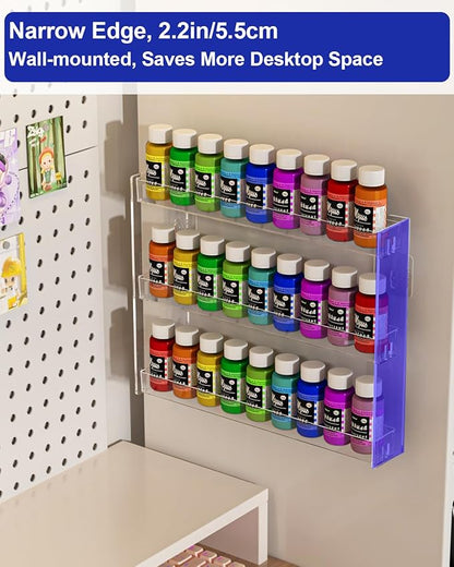 2Pack 3 Tier Display Rack, Clear Paint Rack Wall-Mount (No Drill), Acrylic Craft Paint Storage Organizer, Miniature Holder for 2oz Bottle, Nail Polish Organizer, Badges, Mini Figures (2)