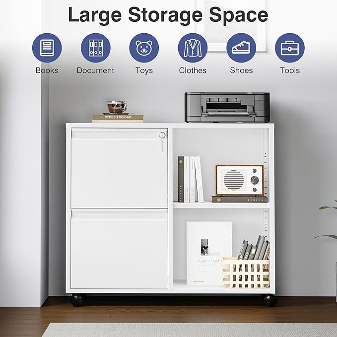 Metal 2 Drawer File Cabinet with Side Hook, Lockable Lateral Filing Cabinet for Letter/A4/Legal Size Files,Rolling Printer Stand with Adjustable Shelf & Lockable Wheelss for Home Office(White)