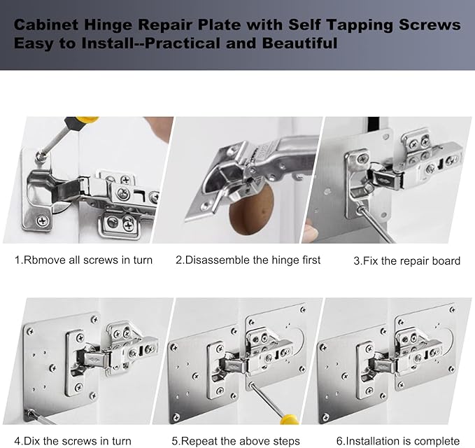 6 Pcs Cabinet Door Hinge Repair Plates, Cabinet Hinge Repair Board Replacement Kit, Metal Hinges Repair Fixing Plates with Screw for Kitchen Cupboard Door