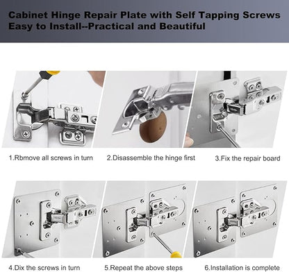 6 Pcs Cabinet Door Hinge Repair Plates, Cabinet Hinge Repair Board Replacement Kit, Metal Hinges Repair Fixing Plates with Screw for Kitchen Cupboard Door