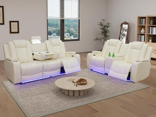 Living Room Furniture Sets, Creamy White Power Reclining Breathing Leather Sofa and Loveseat with 4 Recliner Seats/Storage Console/Cup Holders/LED Light/USB Port for Living Room,Office,RV Car