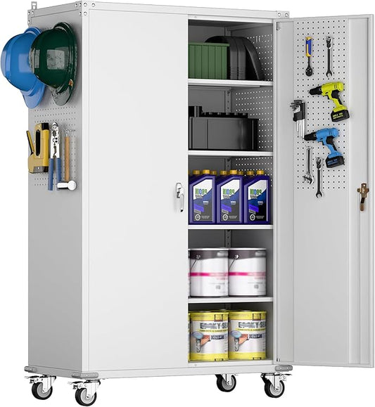 Tall & Wide Garage Storage Cabinet with Wheels and Pegboard, Heavy Duty Metal Storage Cabinet with 4 Adjustable Shelves and 9 Hooks for Garage,Warehouse,Home,Office, White