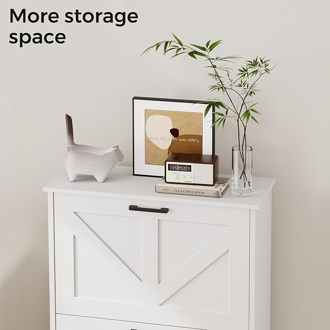 Farmhouse Shoe Cabinet for Entryway with Barn-Style Flip Drawers, Narrow Shoe Storage Organizer with Top Display Shelf, Adjustable Shelves, Shoe Rack for Hallway, Closet- (White, 24")