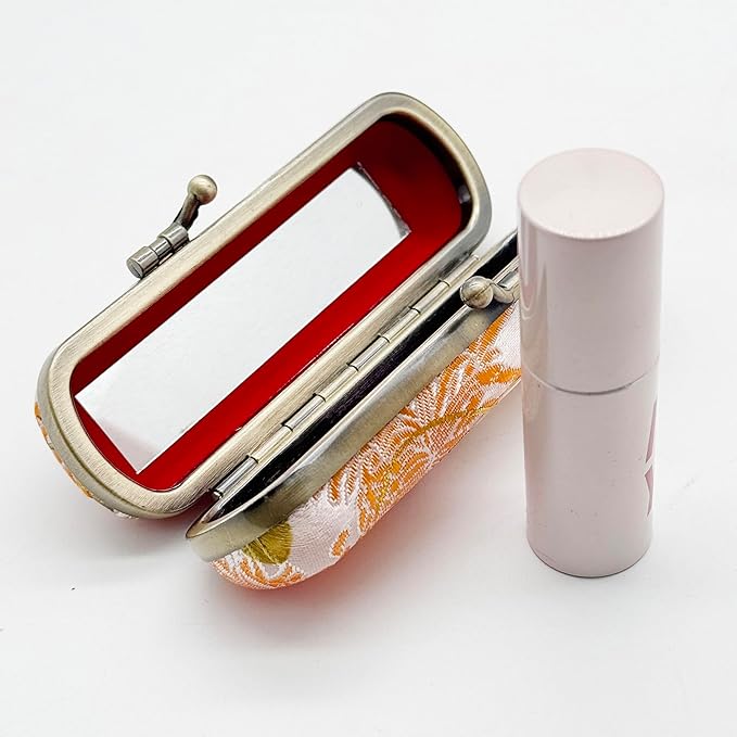 MIAO JIN Lipstick Case with Mirror Lipstick Holder Storage Bag Kiss Lock of Iron Mini Portable Vintage Floral Pattern Jewelry Cosmetic Case (Yellow)