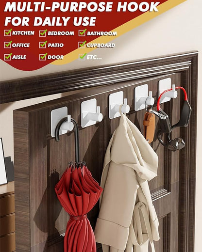 Auxmir Adhesive Hooks Heavy Duty 22lb(Max) Towel Hooks for Shower, 5 Pack Self Adhesive Damage Free Wall Hooks, Stainless Steel for Coat Robe, Waterproof Oilproof Rustproof for Bathroom Kitchen Office