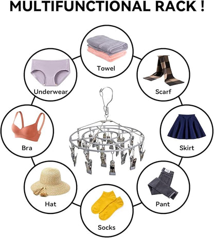 Stainless Steel Laundry Drying Rack Clothing Sock Drip Clothes Drying Hanger with 24 Clips, Swivel Windproof Hook Round Heavy Duty Underwear Hanger for Indoor Outdoor Wet and Dry (Grey)
