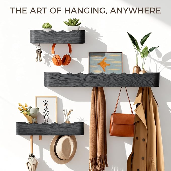 Wall Coat Rack Floating Shelves Modern Coat Rack Wall Mount with Storage Entryway Shelf Wooden Hanger 20 Inch 4 Hidden Metal Hooks for Living Room Bedroom (Wavy Black, 4 Hooks)