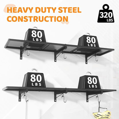 2 Pack Garage Wall Shelving, 1x3.85ft Heavy Duty Garage Shelving Wall Mounted 320 lbs Load Capacity, Black Garage Storage Shelves Floating Shelves for Basement, Shop, Shed