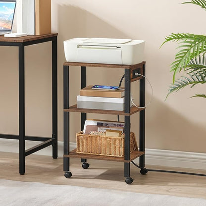 HOOBRO 3-Tier Printer Stand with Charging Station, Under Desk Printer Table, Printer Cart with Storage Shelves, Shelf for Small Spaces, for Home Office, Rustic Brown and Black BF63UPS01