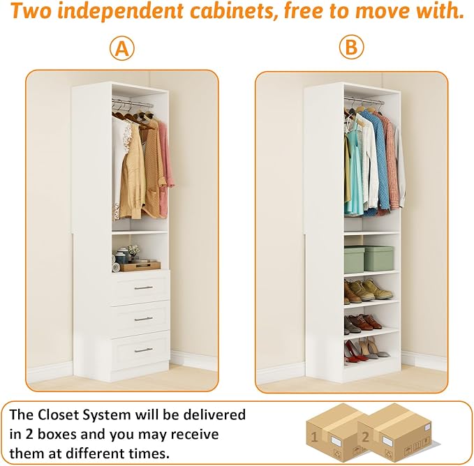 Closet System with Drawers of 2 Sets, 4FT-10FT Walk in Closet Organizers and Storage with Hanging Rods & Adjustable Shelves, Free-Standing Modular Closet Systems, White