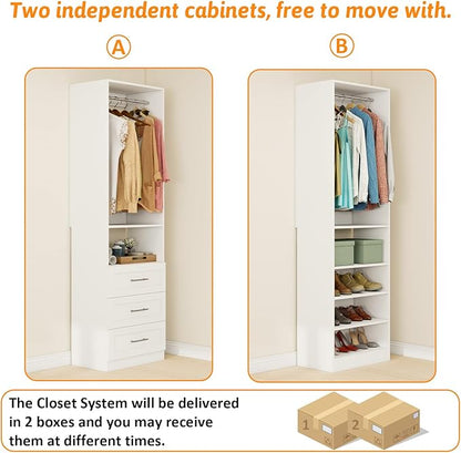 Closet System with Drawers of 2 Sets, 4FT-10FT Walk in Closet Organizers and Storage with Hanging Rods & Adjustable Shelves, Free-Standing Modular Closet Systems, White