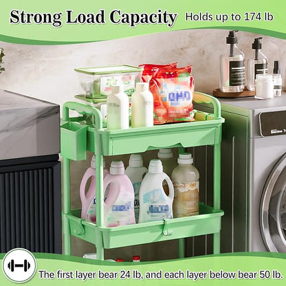 3-Tier Rolling Cart with Drawer & Lockable Wheels, Bathroom Storage Organizer Multifunctional Rolling Storage Cart for Bathroom, Kitchen, Office, Craft, Makeup, Baby Essentials, Green