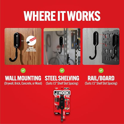 Smart T Garage Storage Wall Hook | 1.5" J-Hook for Garage Organization, Heavy Duty Organizer Wall Mount or Shelving Hooks
