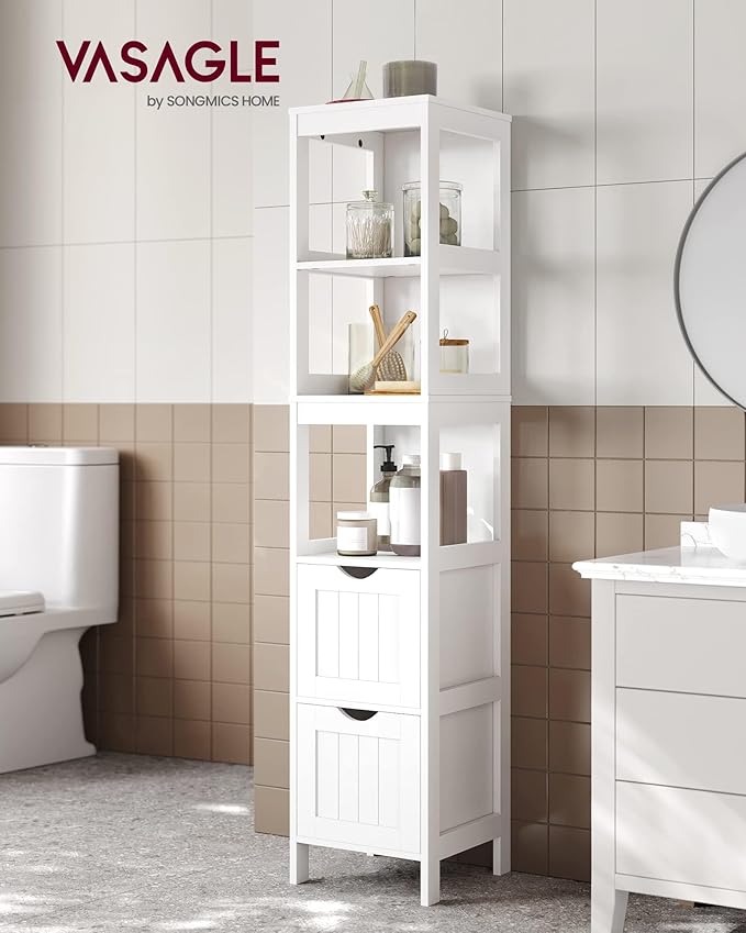 VASAGLE Bathroom Floor Cabinet, Bathroom Storage Organizer Rack Stand, Multifunctional Corner Unit, 2 Drawers, 55.7 Inches in Height, White UBBC066WH01S