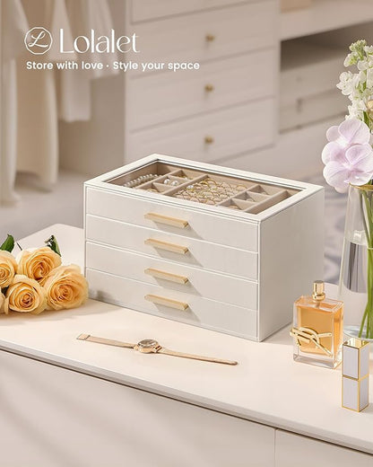 Lolalet Jewelry Box Organizer, 4-Layer Jewelry Organizers and Storage Case with Glass Lid, Ring Earring Bracelet Necklace Holder Organizer, Birthday Valentine Gifts for Women Girls -4Layer, Beige