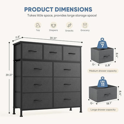 DUMOS 9 Drawer Dresser, Fabric Storage Organizer with Sturdy Metal Frame and Wooden Top, Modern Chest of Drawers for Bedroom Closet Entryway,Grey