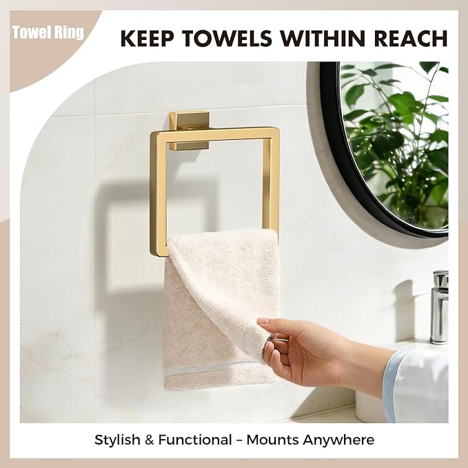 Bathroom Accessory Towel Bar Set: 5 Pieces Gold Bathroom Hardware Square SUS304 Stainless Steel - Wall Mounted Towel Rack&Toilet Paper Holder&Towel Ring and Towel Hook