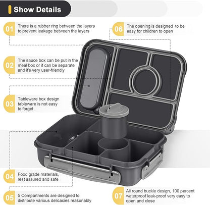 Bento Box Adult Lunch Box Kids,Lunch Containers for Adults/Kids/Toddler,5 Compartments Bento Lunch Box with Sauce Vontainers,Microwave & Dishwasher & Freezer Safe,BPA-Free (Dark Gray)