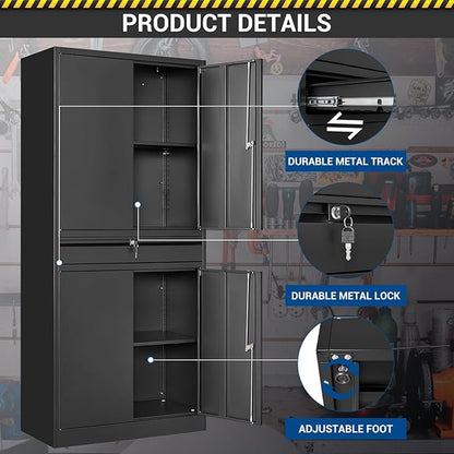 71" Metal Cabinet-Black Heavy Duty Storage File Cabinet Steel Tool Cabinets with Shelves, Lockable Doors and Drawers- for Garage, Pantry, Warehouse - Assembly Required