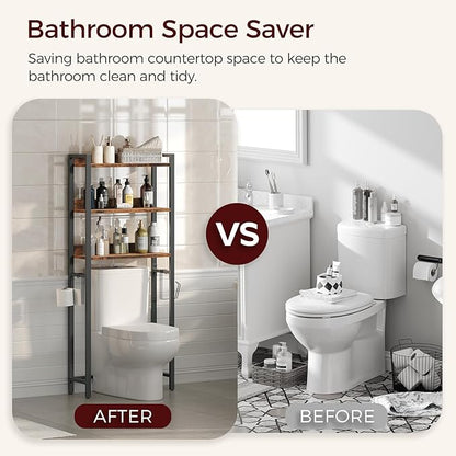 Over The Toilet Storage Rack, 3 Tier Bathroom Organizer Over Toilet, Freestanding Space Saver Toilet Stand with 2 Hooks, Bathroom Storage Shelf, Easy to Assemble, Rustic Brown TSHR6001